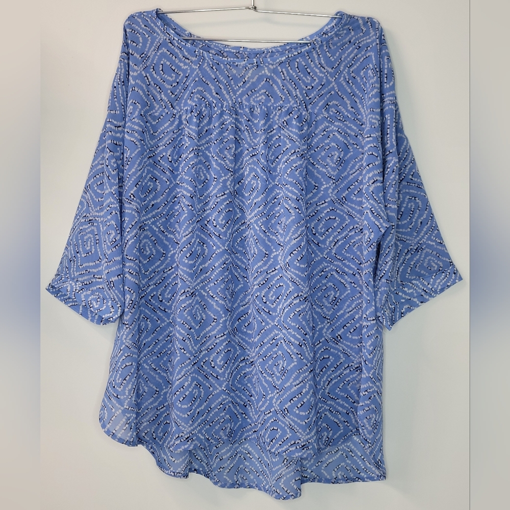 LOFT Blue White Semi-Sheer Peasant Short 1/2 Sleeve Blouse Shirt Top Sz L